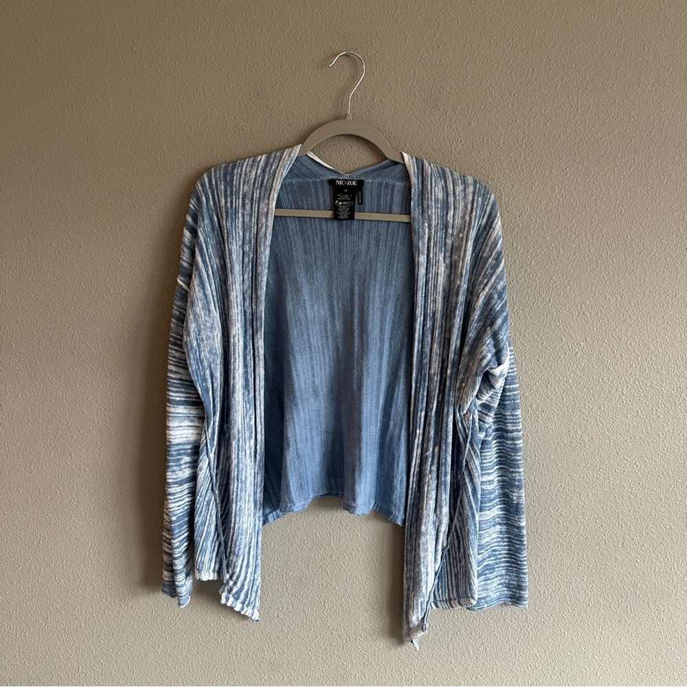 NIC+ZOE Blue and White Striped Open Draped Front Cardigan Medium